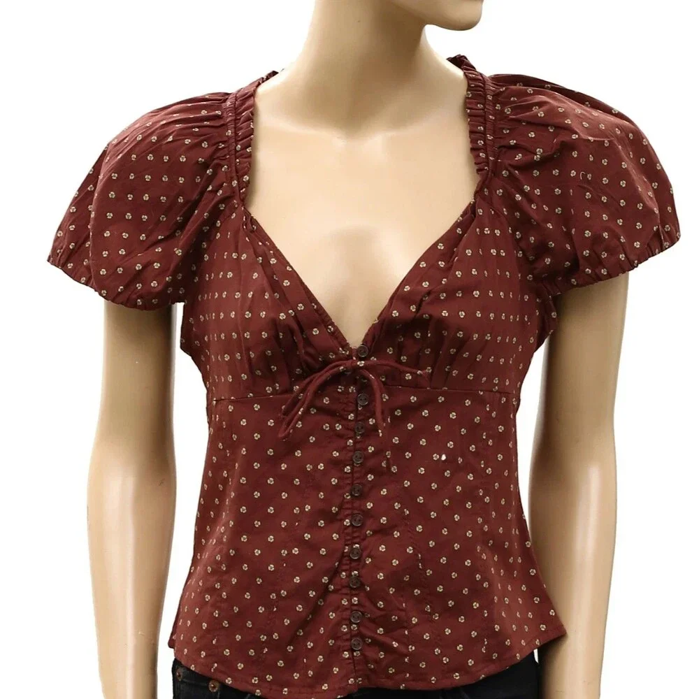 Free People Puff Sleeve Printed Blouse Top Buttondown Floral Ruffle S 289177